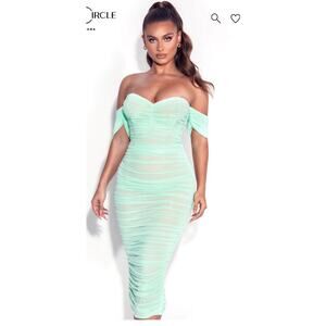 NWT -  Miss Circle Mint Ruched Mesh Off-Shoulder Midi Dress — Size XS